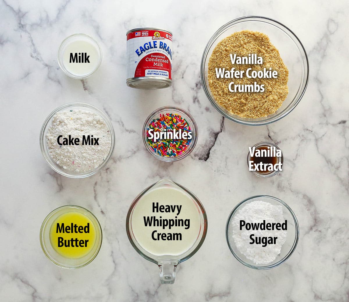 ingredients for cake batter ice cream pie on marble background