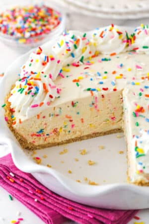 cake batter ice cream pie with a slice removed