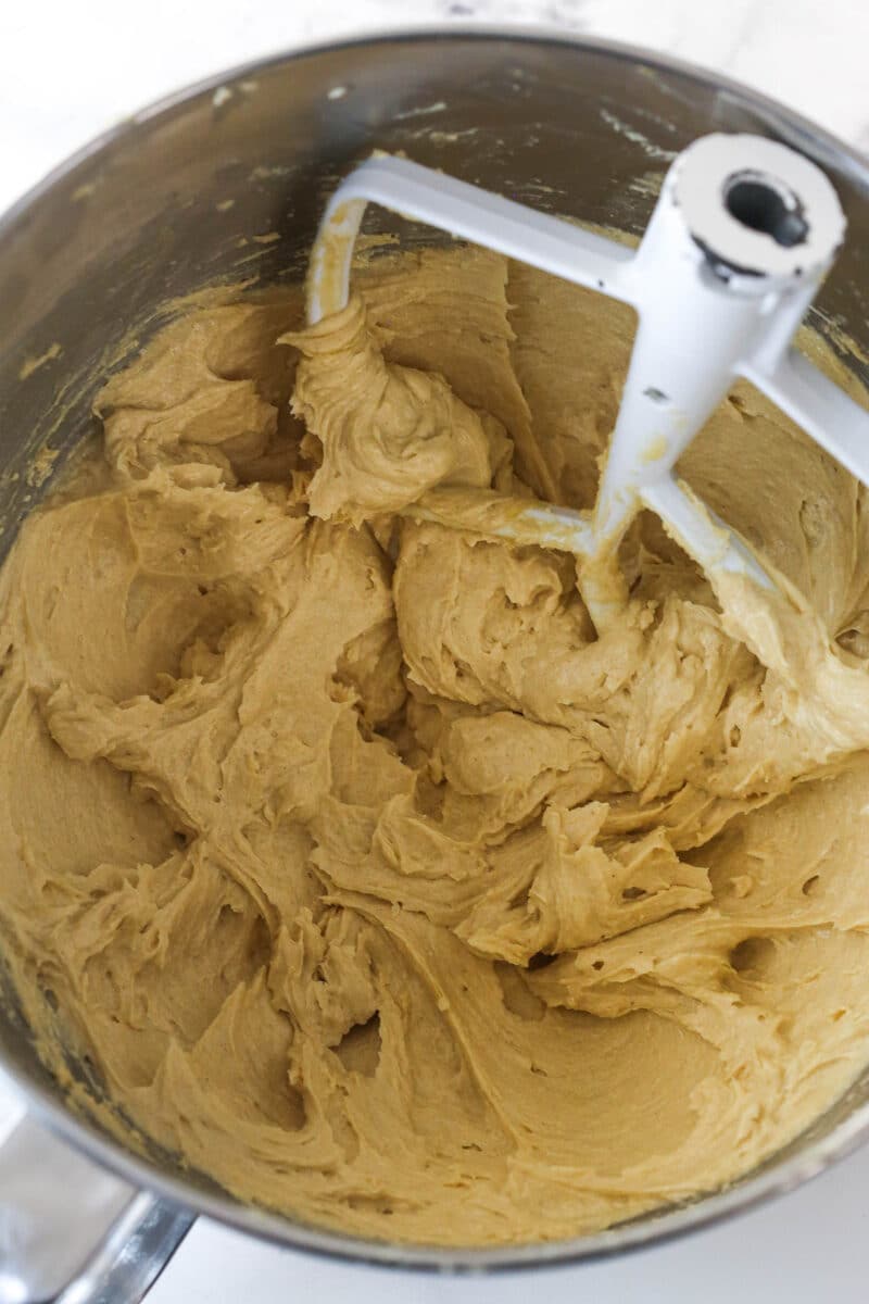 Cookie dough wet ingredients in a mixing bowl