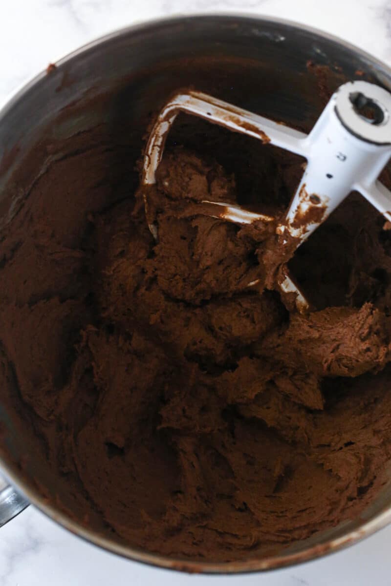 Chocolate cookie dough in a mixing bowl