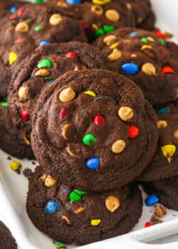 Close up of a peanut butter M&M chocolate cookie