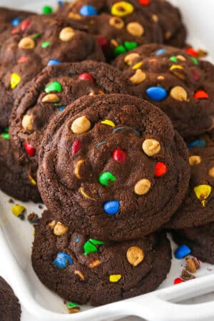 Close up of a peanut butter M&M chocolate cookie