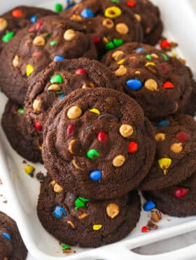 Peanut butter M&M chocolate cookies in a baking dish