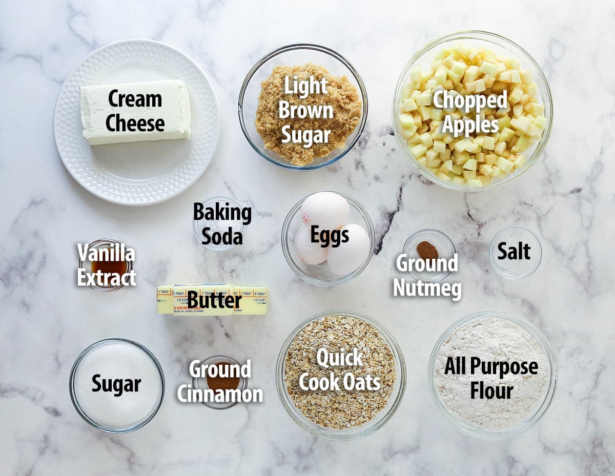 Overhead view of ingredients needed to make apple cheesecake oatmeal cookie bars