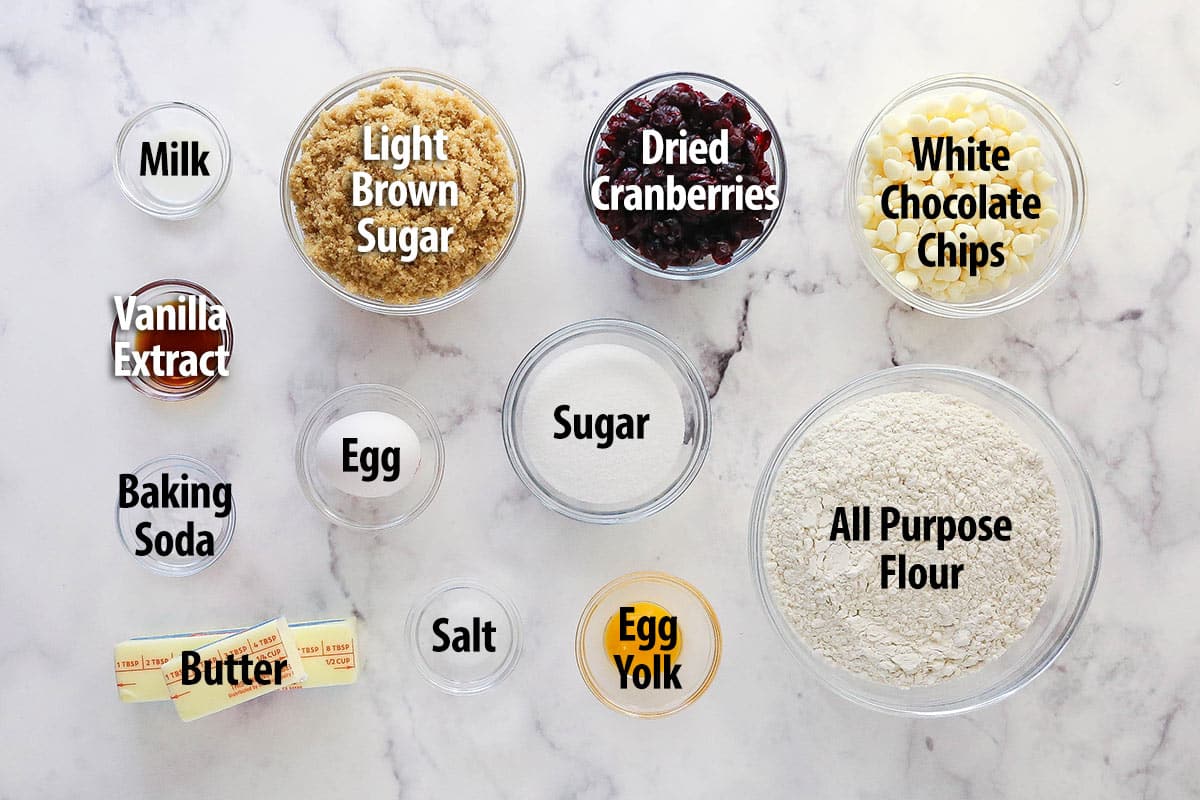 Ingredients needed to make cranberry white chocolate chip cookies