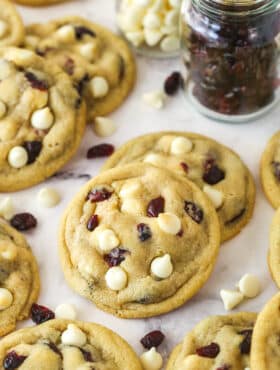 Cranberry white chocolate cookies on the counter