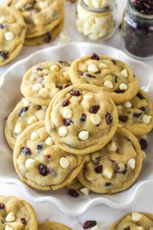 Cranberry white chocolate chip cookies in a bowl