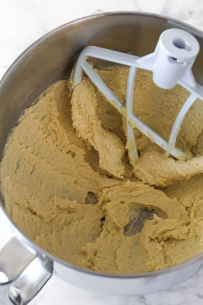 Creamed butter and sugar in a mixing bowl