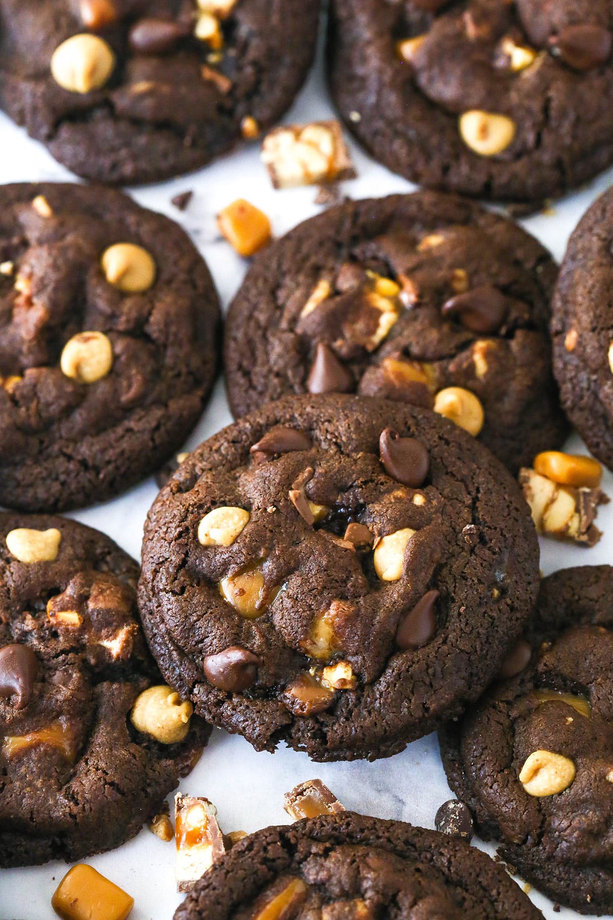 Overhead view of Snickers cookies