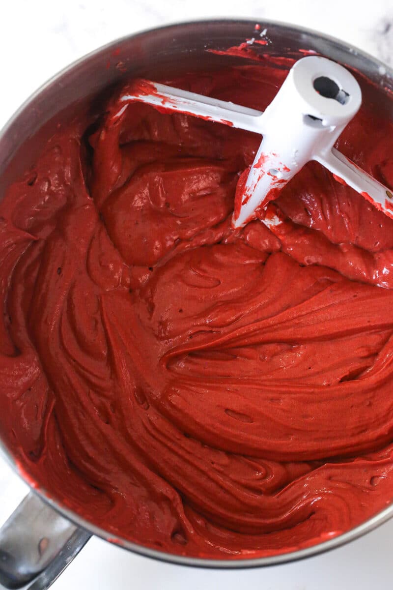 Red velvet cake batter in a bowl