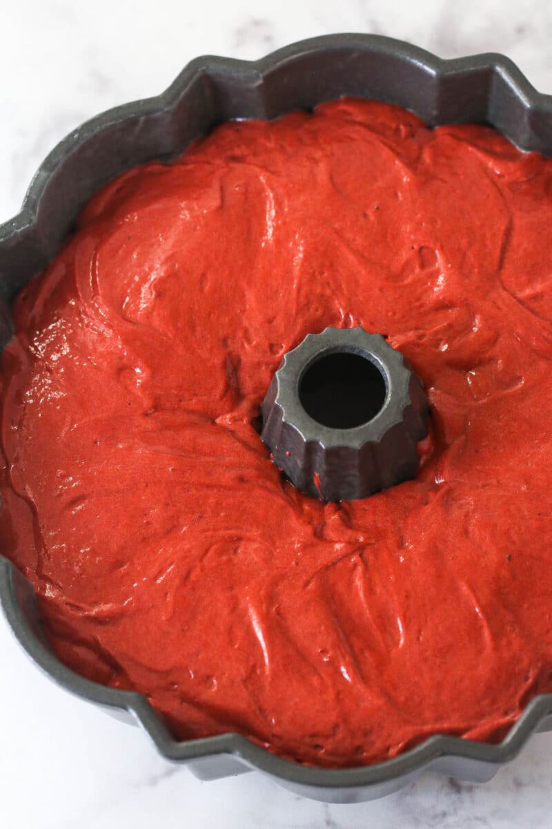 Red velvet cake in a bundt pan