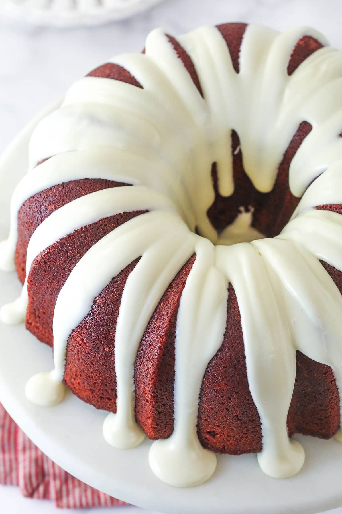 Overhead view of a red velvet cheesecake bundt cake