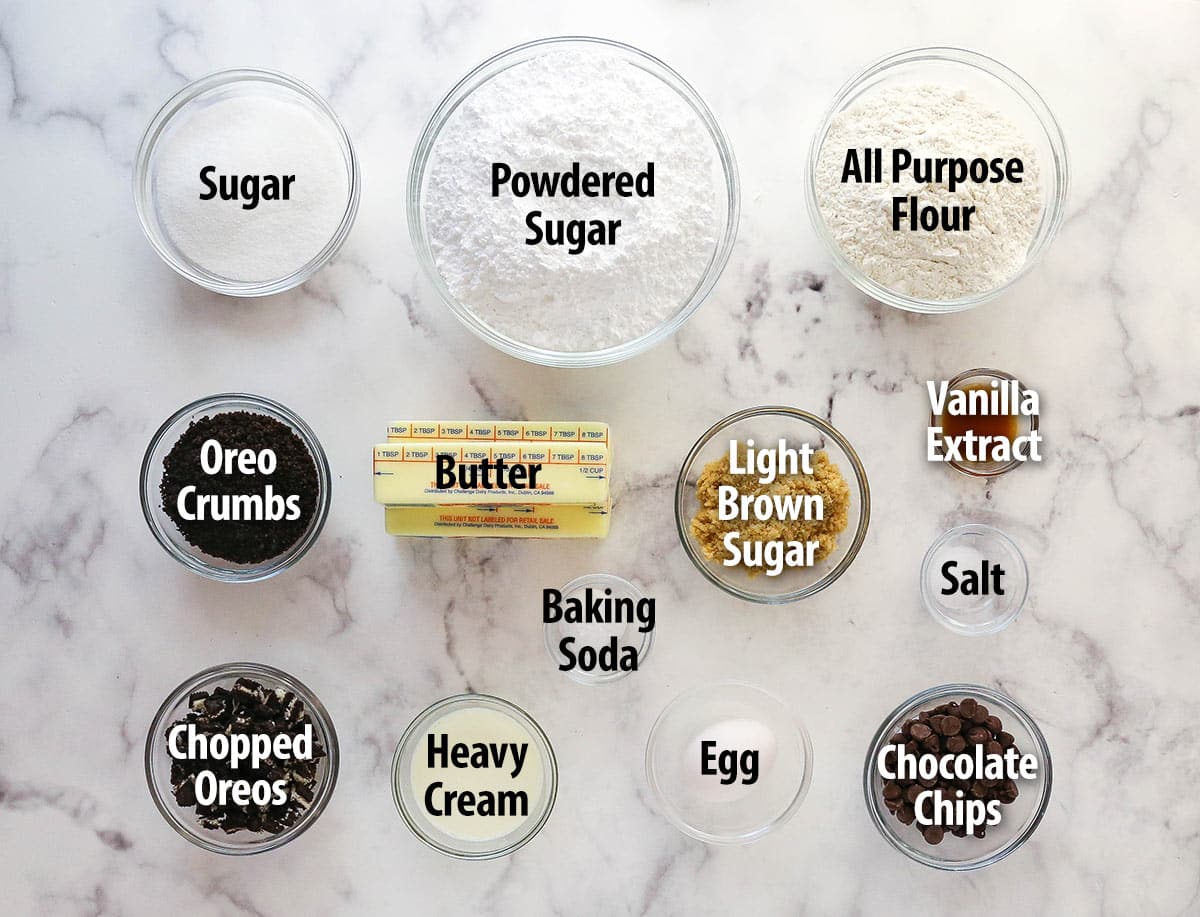 Overhead view of Oreo cookie cake ingredients