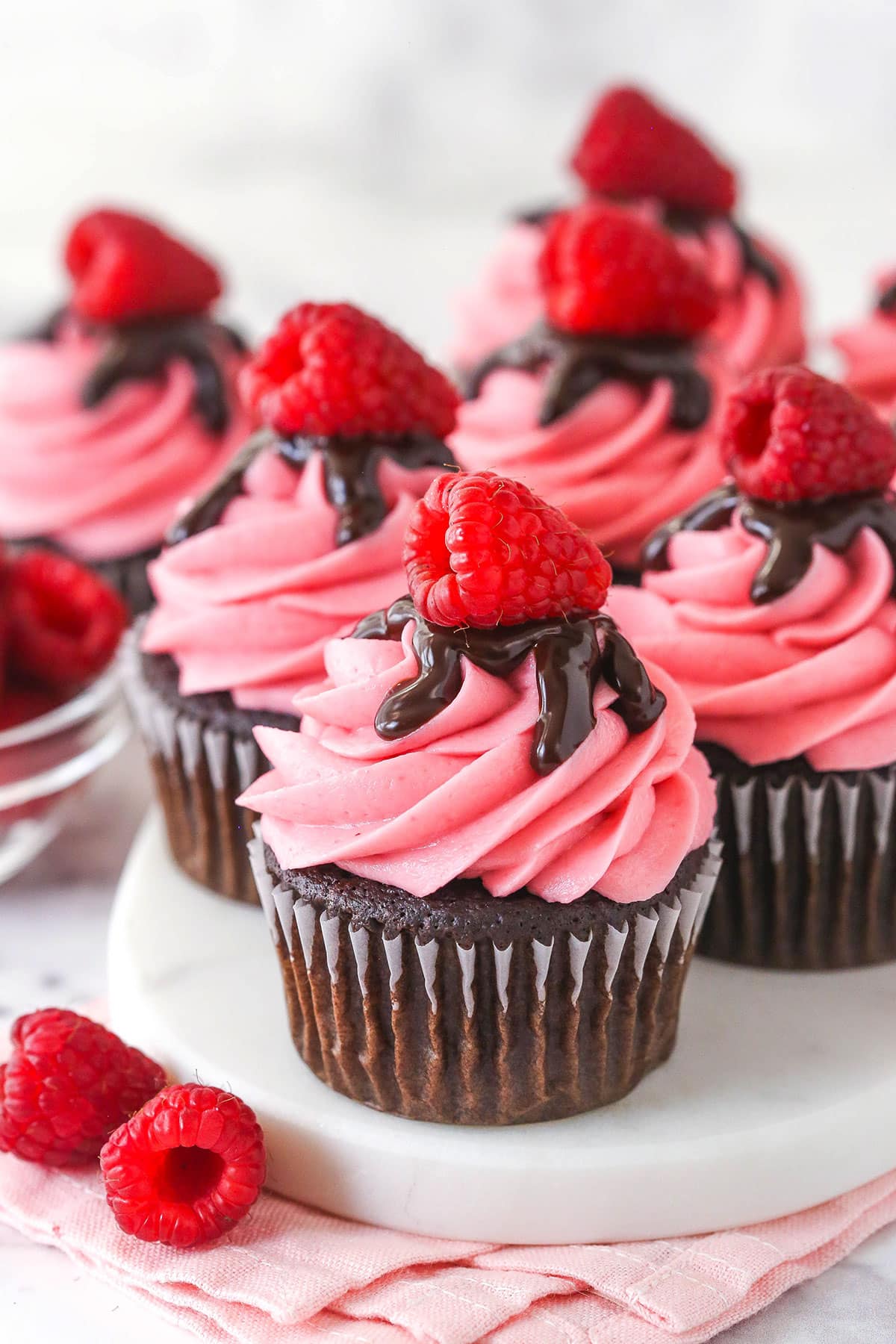 Overhead view of raspberry chocolate cupcakes