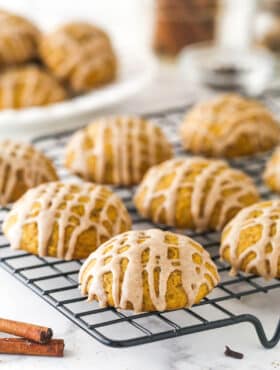 Pumpkin cookies on a cooling rack