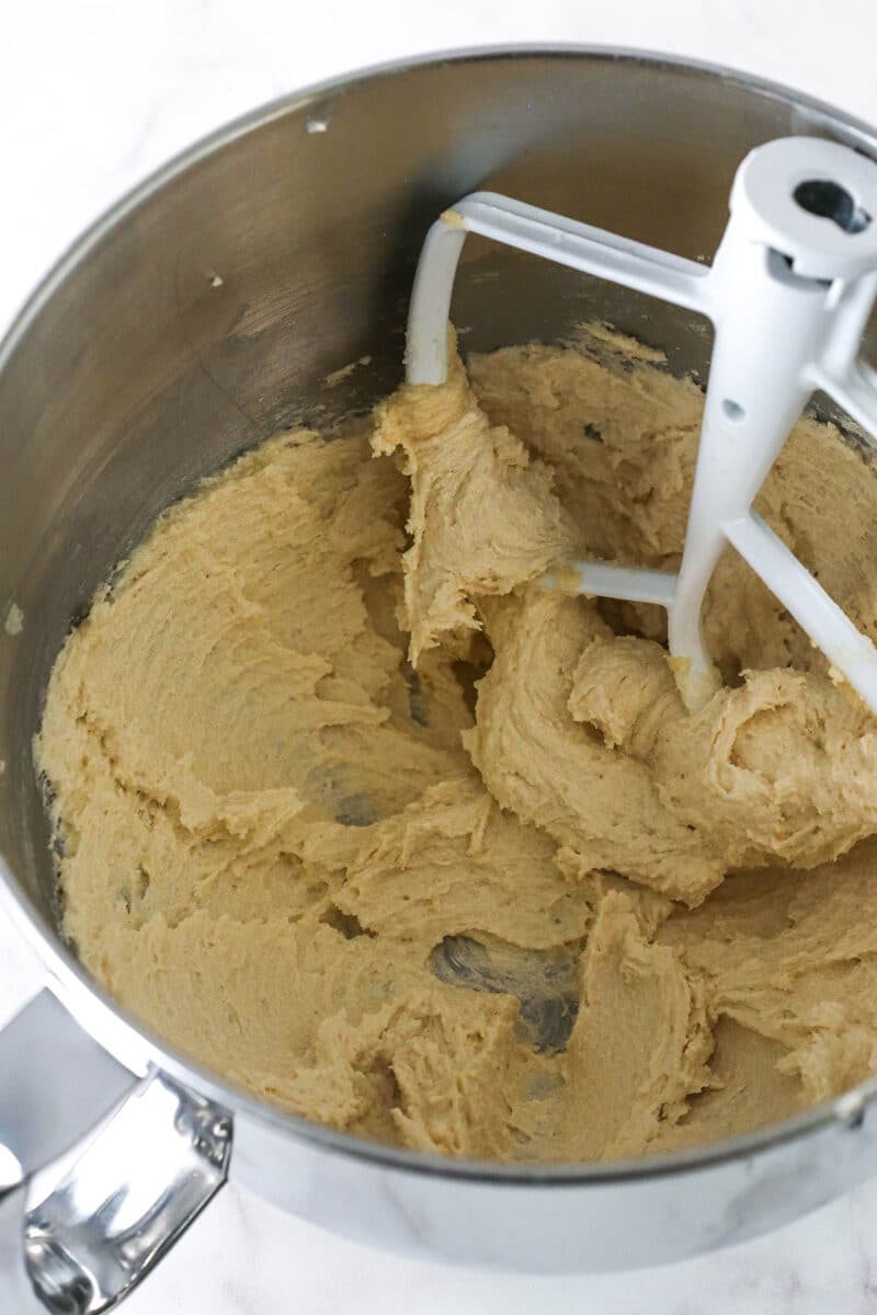 Creamed butter and sugar in a mixing bowl