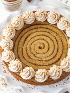 Overhead view of a cinnamon roll cookie cake