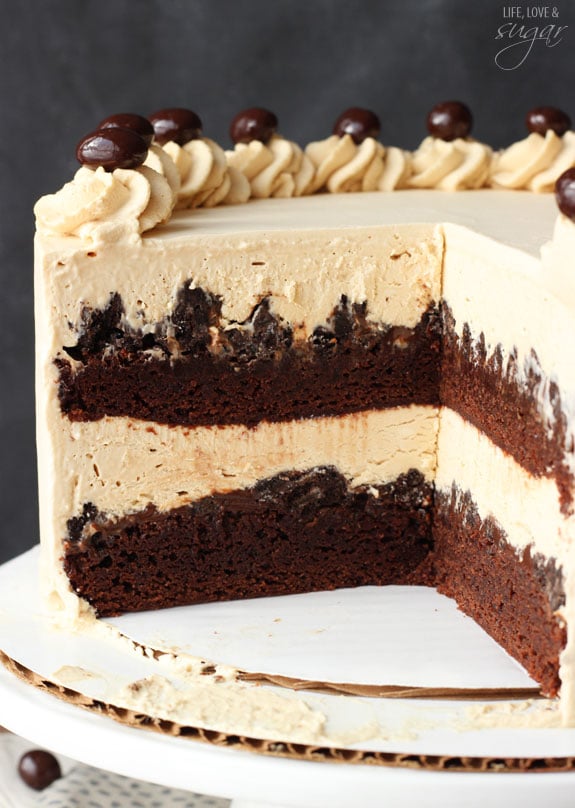 Mocha Brownie Ice Cream Cake with a couple slices removed