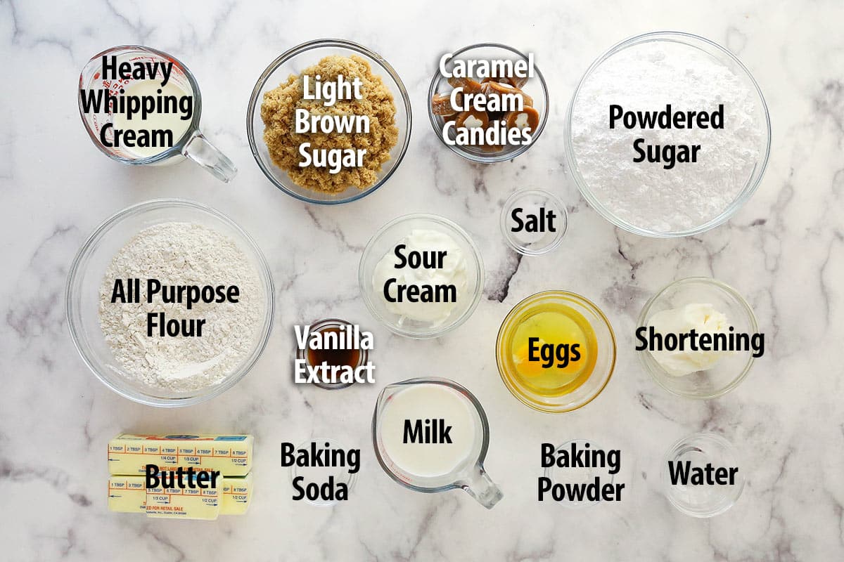 Overhead view of ingredients needed to make caramel cream cupcakes