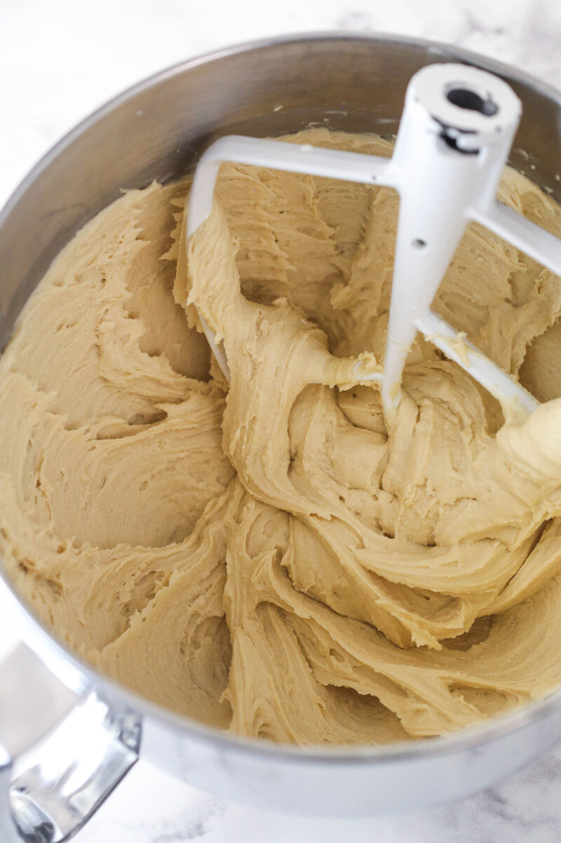 final caramel buttercream after adding remaining powdered sugar and additional heavy cream