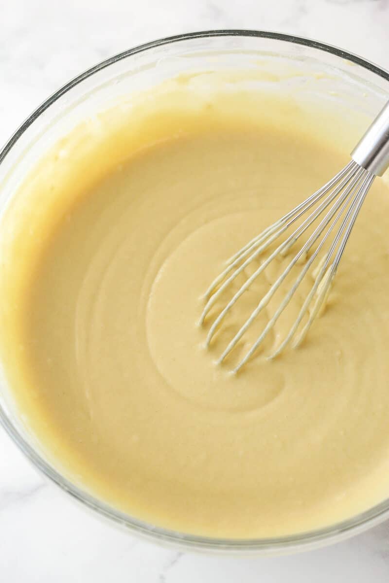 Brown sugar cupcake batter in a glass bowl