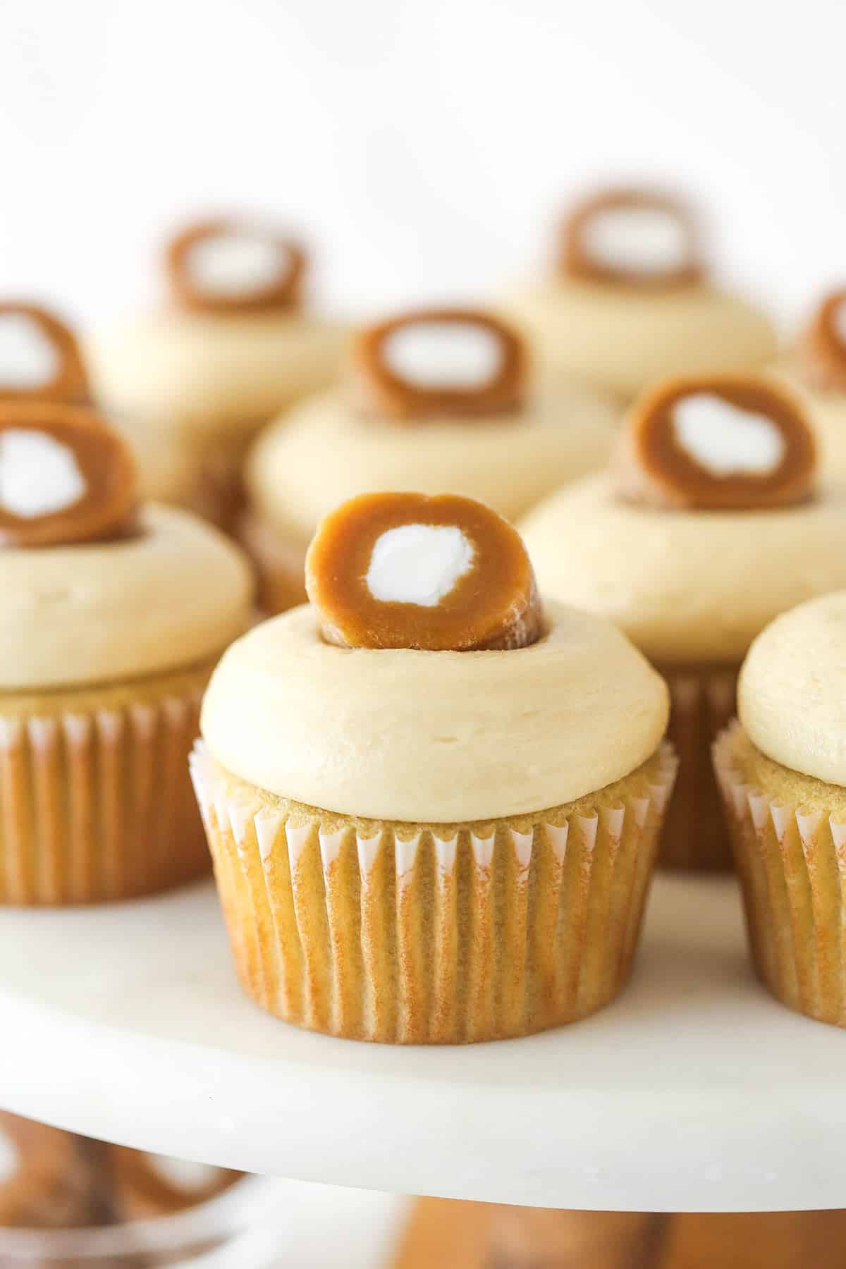 Front view of caramel cream cupcakes