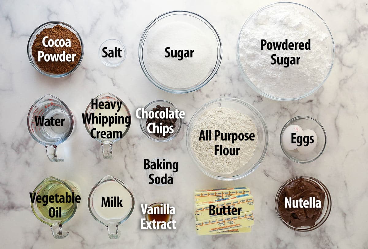 Overhead view of ingredients needed to make Nutella chocolate cake