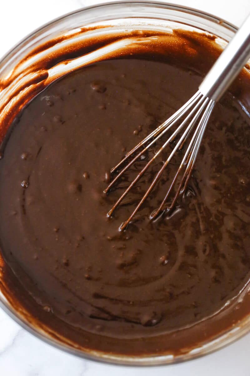 Chocolate cake batter without water added in a bowl