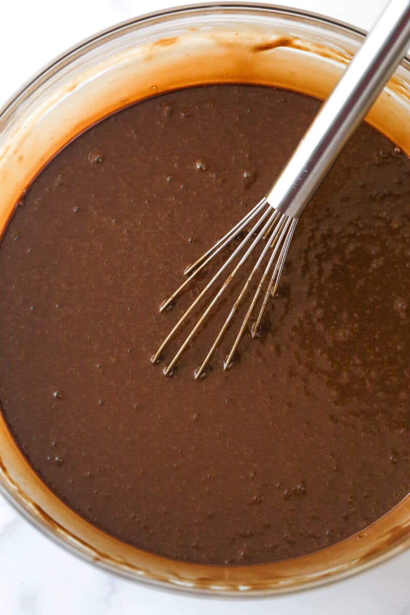 Chocolate cake batter in a bowl