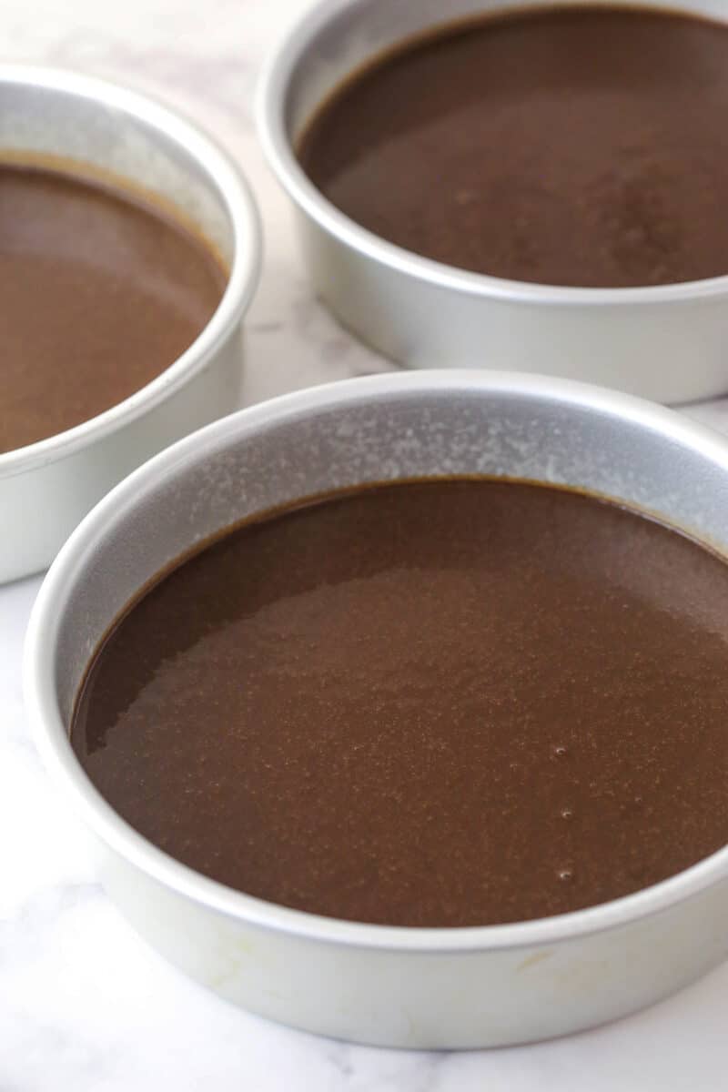 Chocolate cake batter in round pans