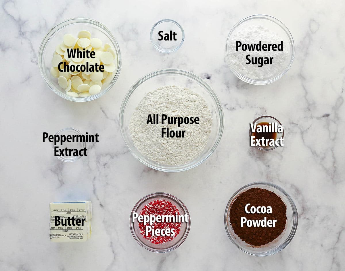 Ingredients needed to make peppermint chocolate shortbread cookies