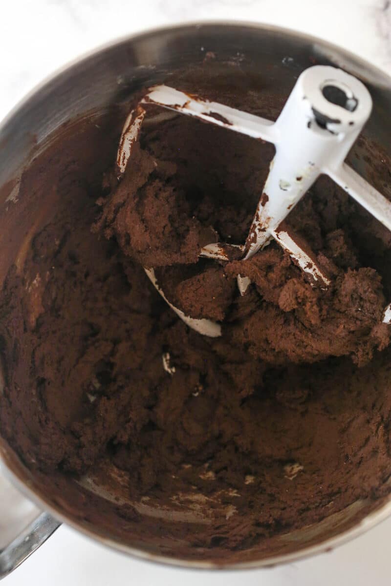 Chocolate shortbread cookie dough in a bowl