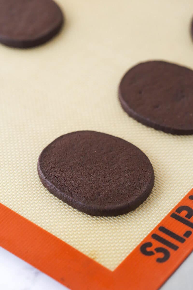 Chocolate peppermint shortbread cookies on a baking sheet