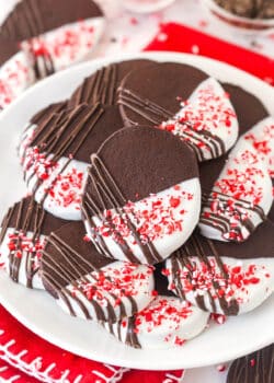 A plate of chocolate peppermint shortbread cookies