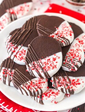 A plate of chocolate peppermint shortbread cookies