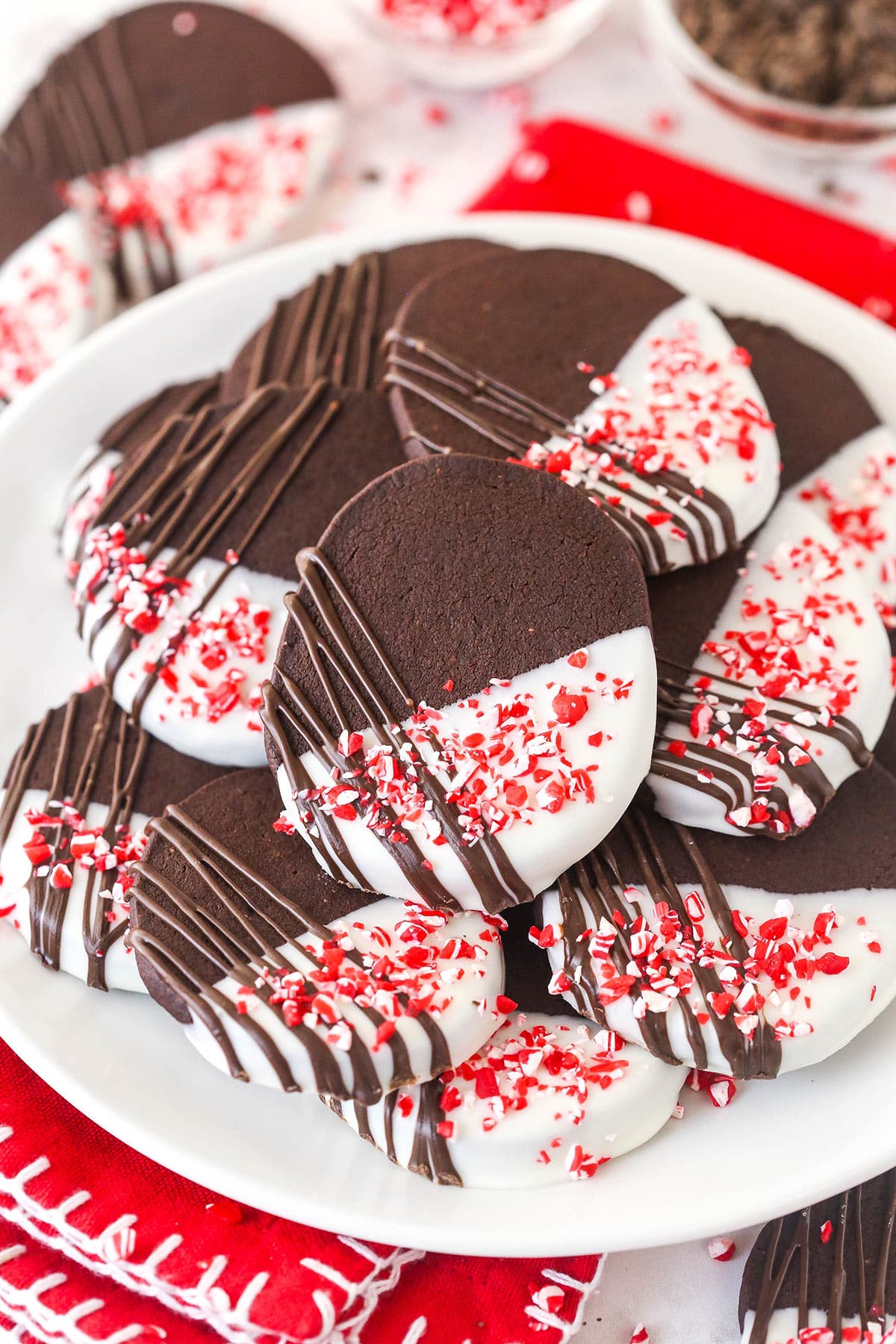 A plate of chocolate peppermint shortbread cookies