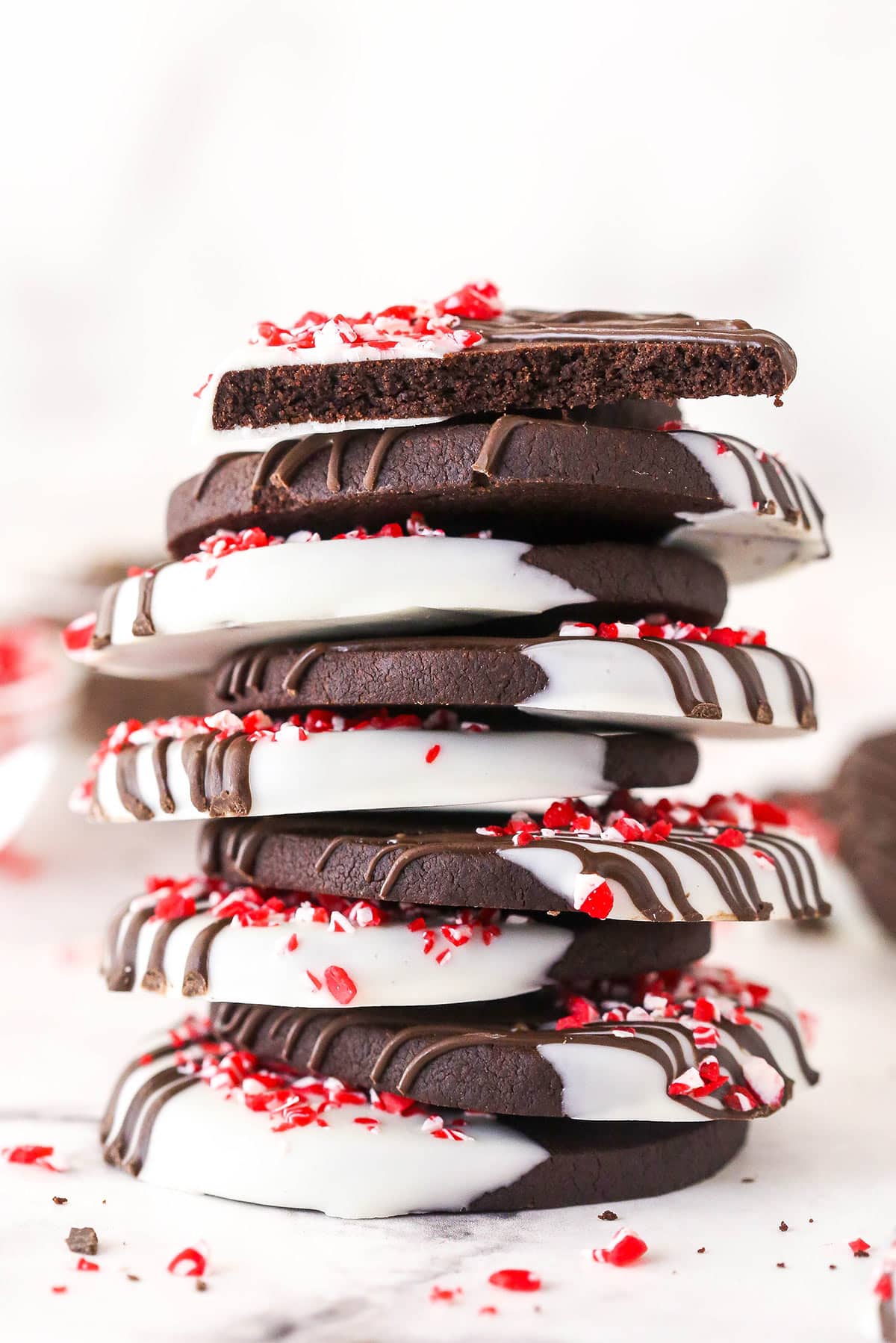 A stack of peppermint chocolate shortbread cookies