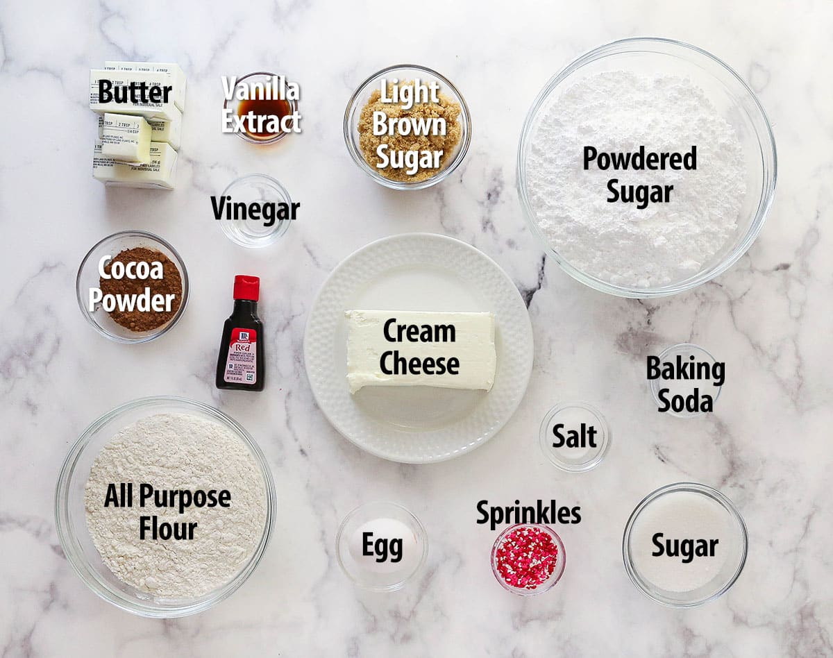 Overhead view of ingredients needed to make red velvet cookie sandwiches