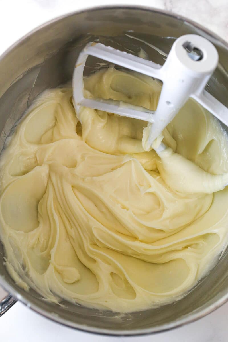 Cream cheese frosting in a mixing bowl