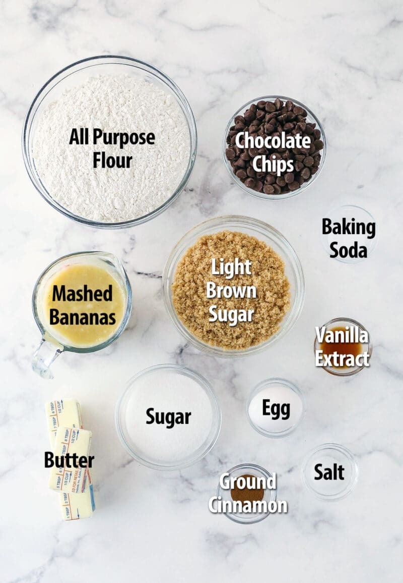 Ingredients for banana chocolate chip cookies.