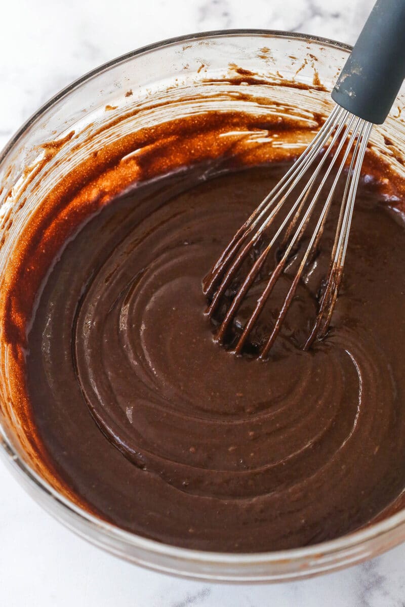 brownie batter in glass bowl