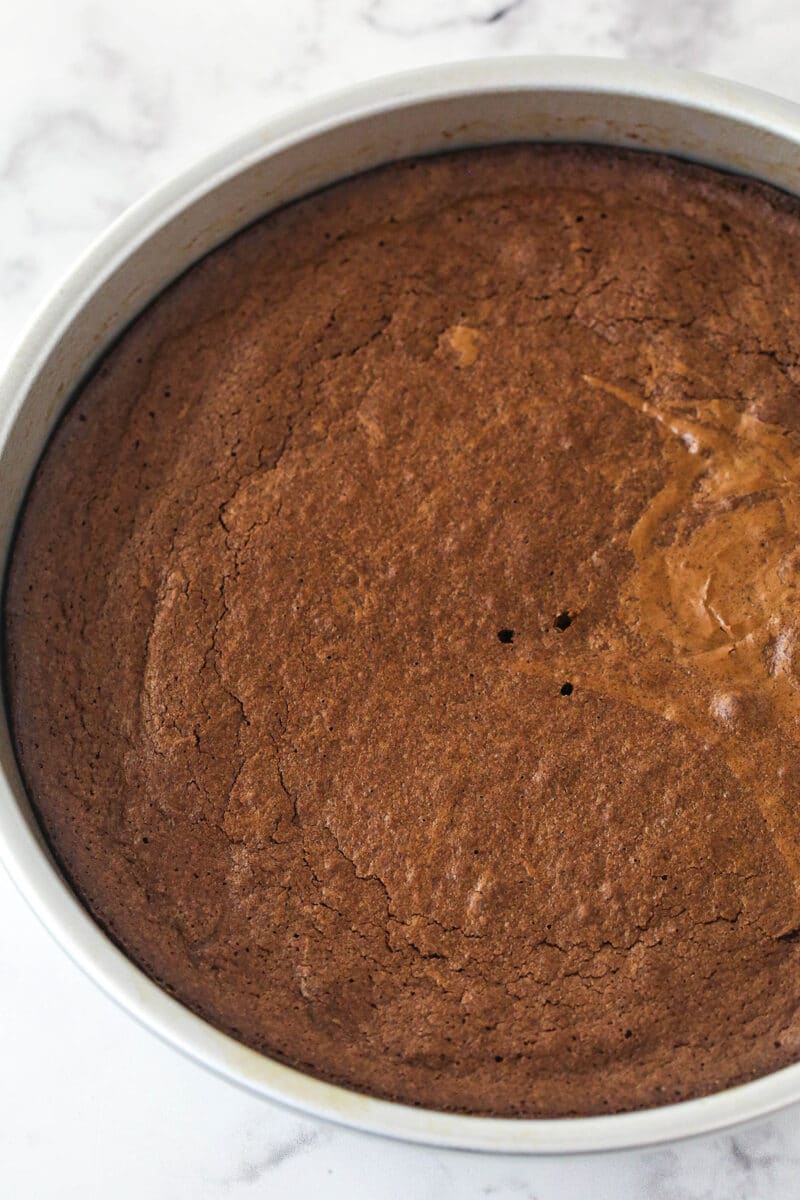 baked brownie in cake pan