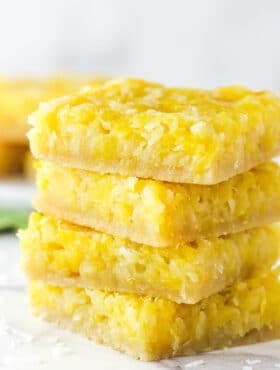 stack of four pineapple coconut bars close up