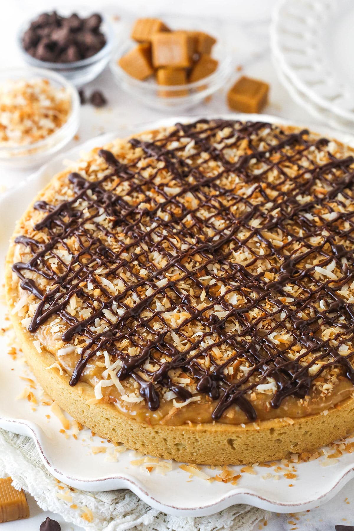 Overhead view of a Samoa cookie cake