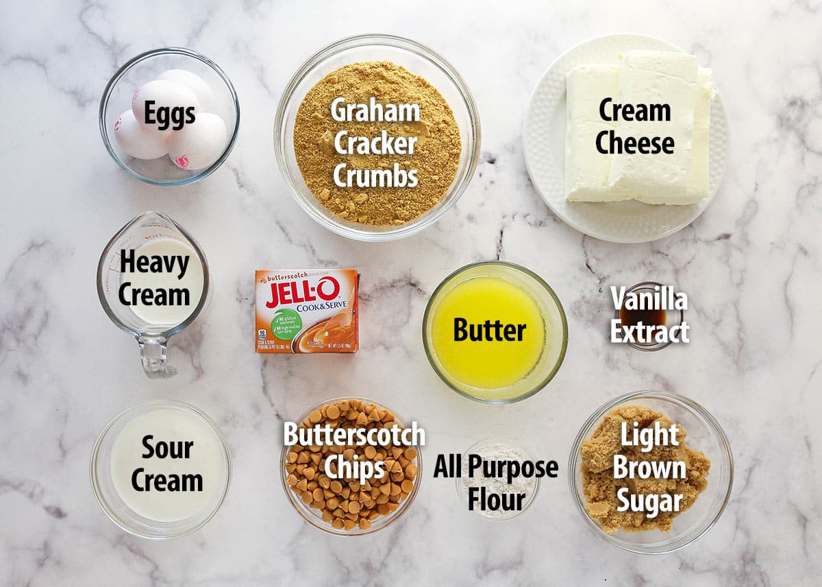 Overhead view of ingredients needed to make butterscotch cheesecake