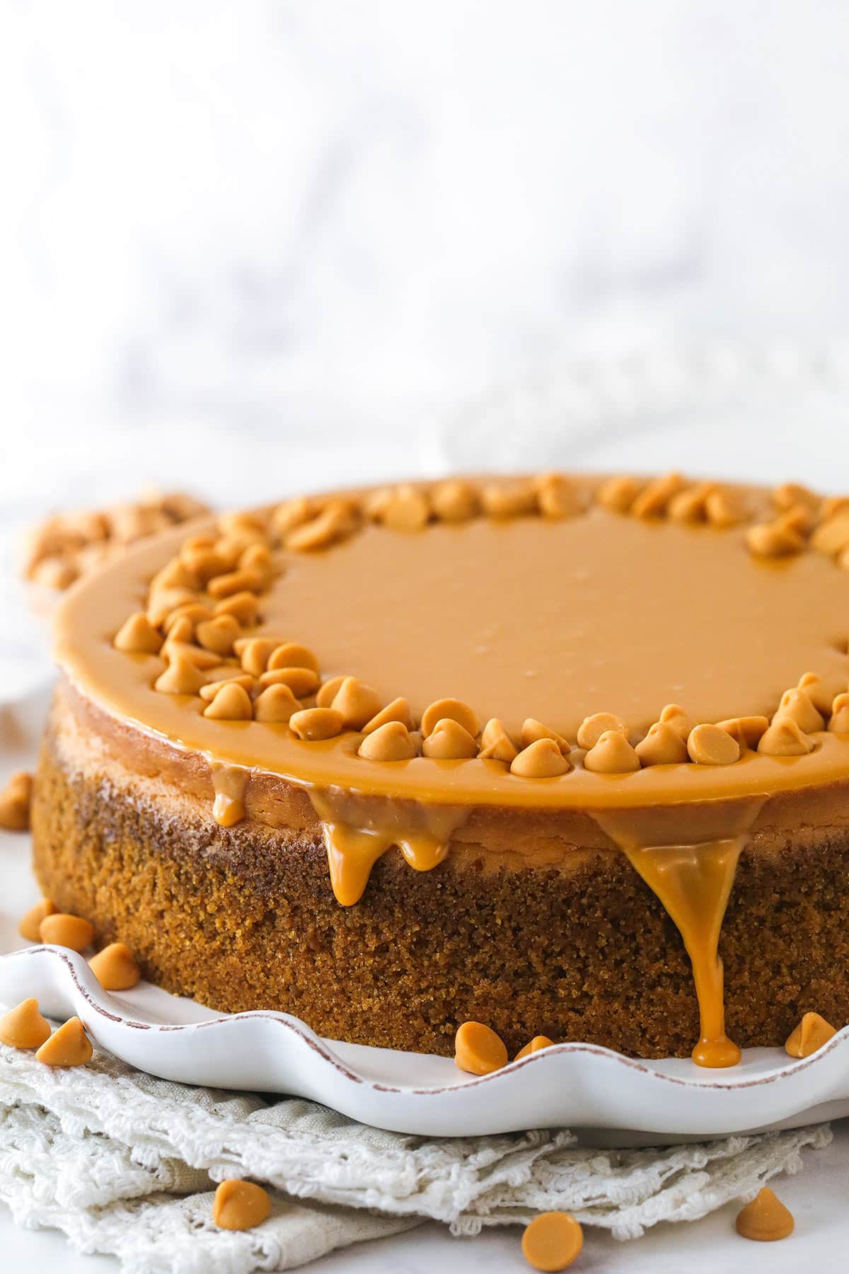 A butterscotch cheesecake with ganache and butterscotch chips