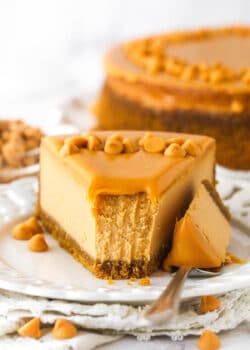 A butterscotch cheesecake with a bite on a fork