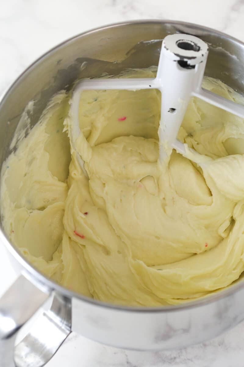 Cheesecake filling in a mixing bowl