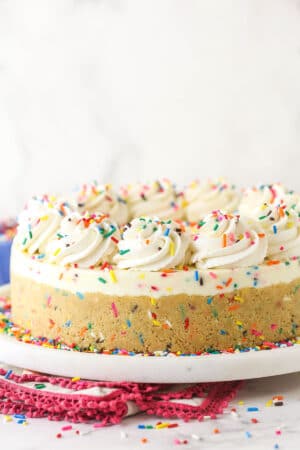 A funfetti no bake cheesecake on a white plate