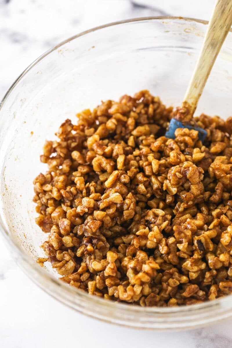 Mixing the walnut filling ingredients for Baklava cheesecake